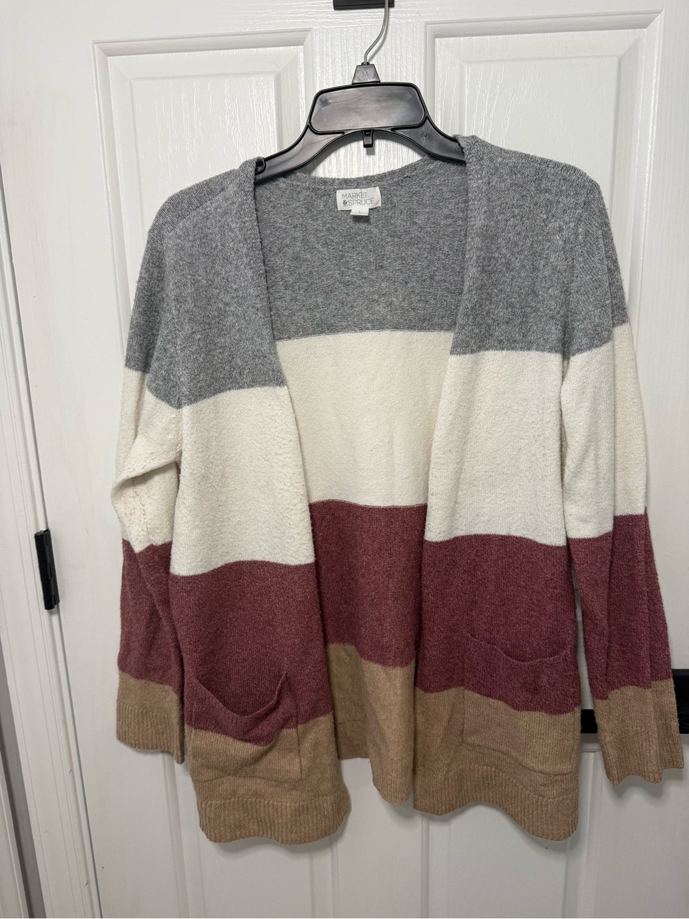 Market & Spruce Colorblock Open Cardigan — Gray, Cream, Dusty Rose, Tan